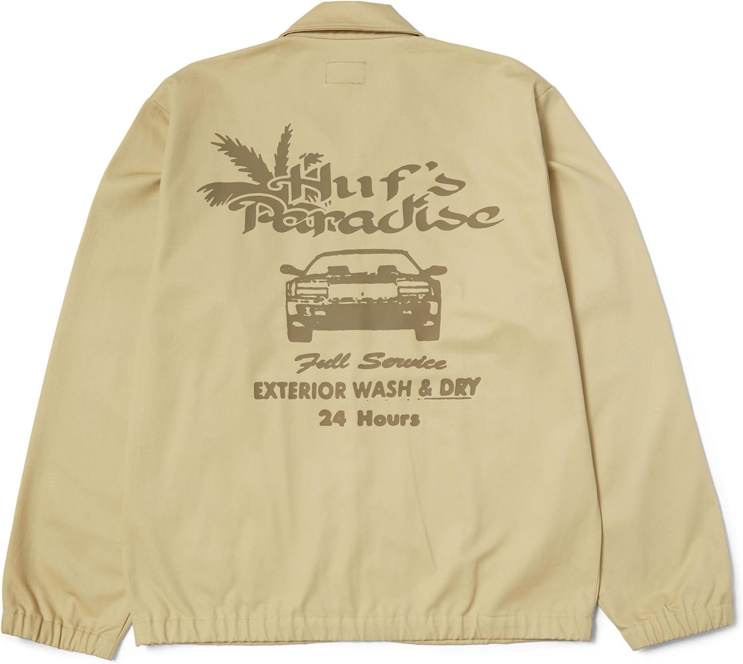 imageHUF Full Service Shop Jacket Mens Cotton ZipUp Workwear Jacket with Printed Graphics and Stretch CuffsKhaki