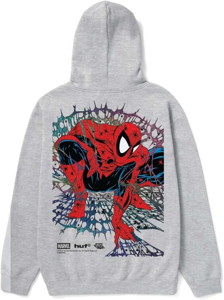 imageHUF Marvel SpiderMan Arachknight Hoodie for Men Graphic Zip Up Sweatshirt Streetwear Fleece Comic Back PrintHeather Grey