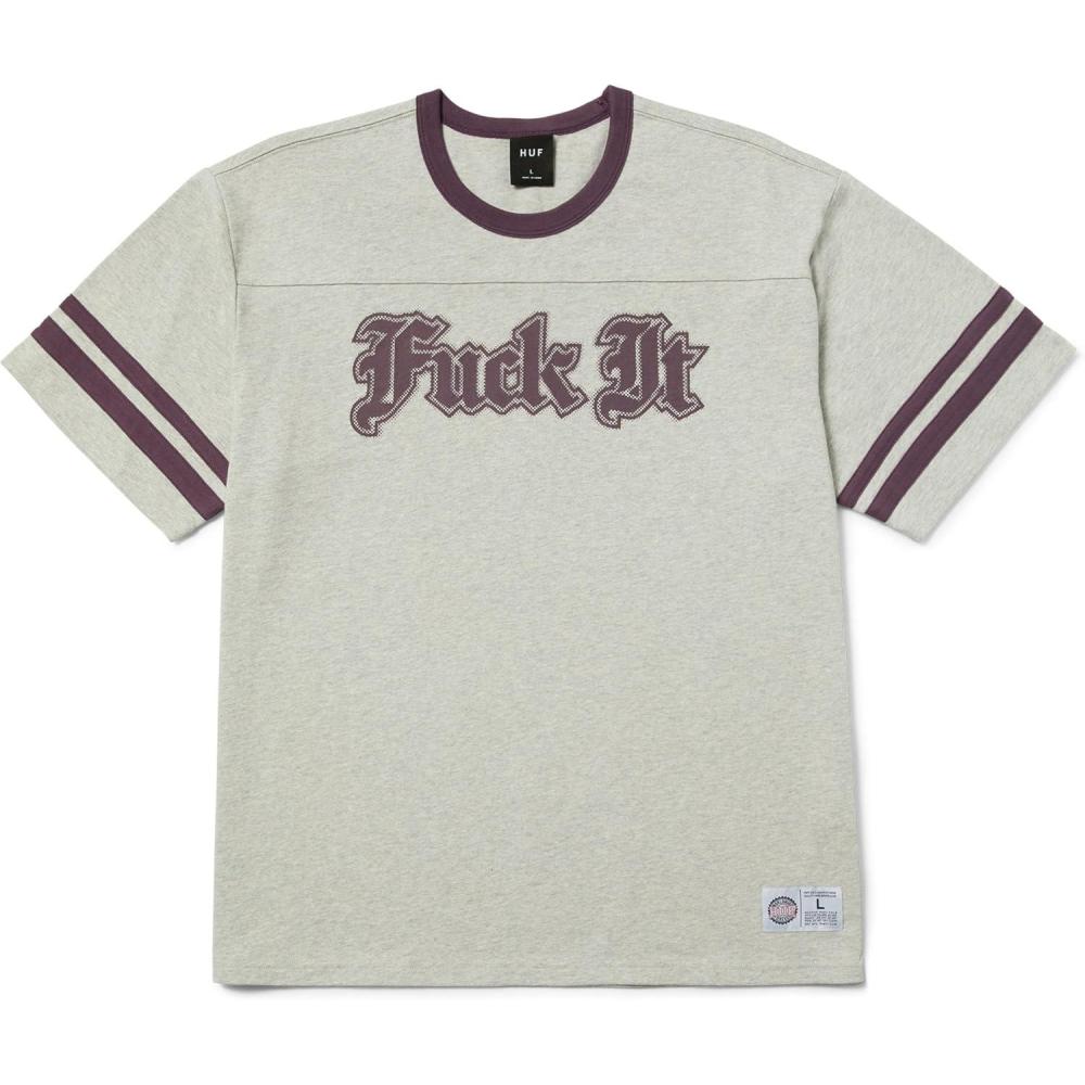 imageHUF IVES Football Shirt  Mens Oversized Cotton TShirt with Striped Sleeves and Chest Graphic Relaxed Street FitHeather Grey